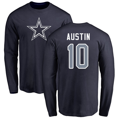 Men Dallas Cowboys Navy Blue Tavon Austin Name and Number Logo #10 Long Sleeve Nike NFL T Shirt